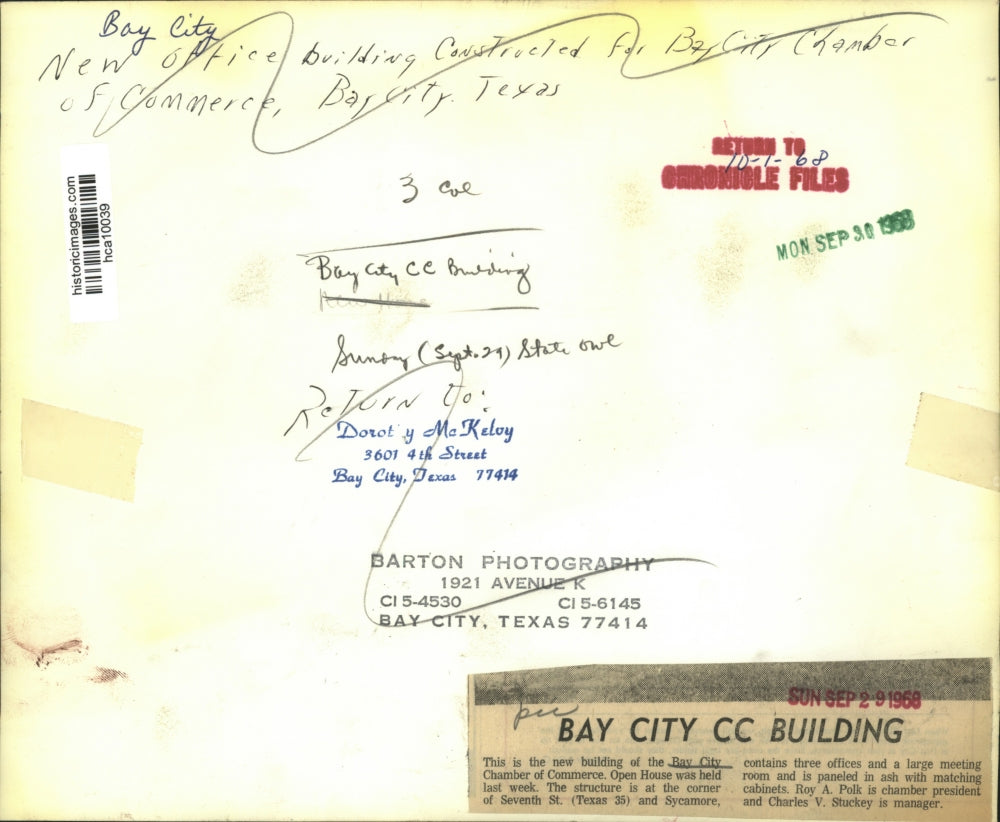 1968 Press Photo New Constructed Bay City Chamber of Commerce Office Building TX