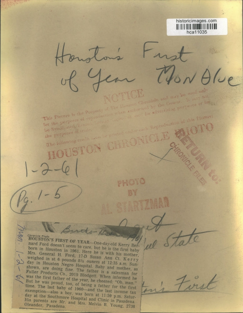 1961 Press Photo Houston's First Birth of the Year is Kerry Bernard Ford