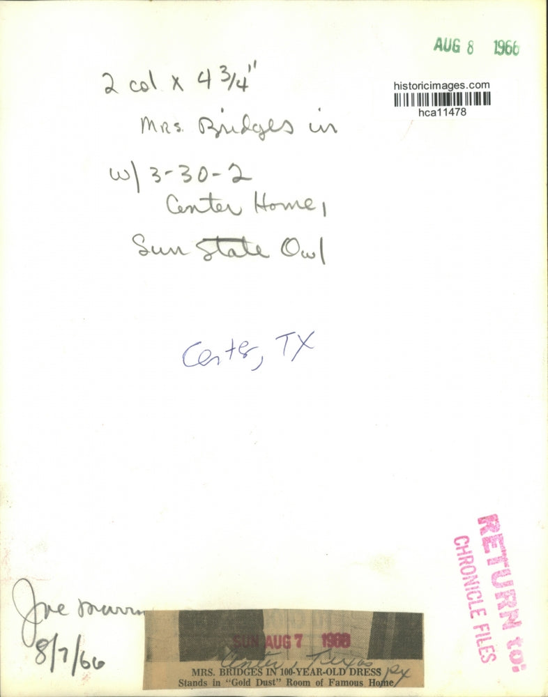 1966 Press Photo Mrs. Bridges in 100 Year Old Dress in Famous Center, Texas Home