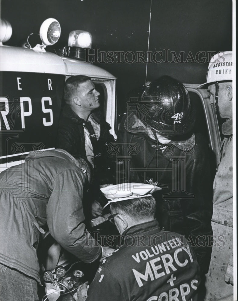 1964 Press Photo Fireman & Paramedics at Scene of Fire at Bryson Lumber Co.