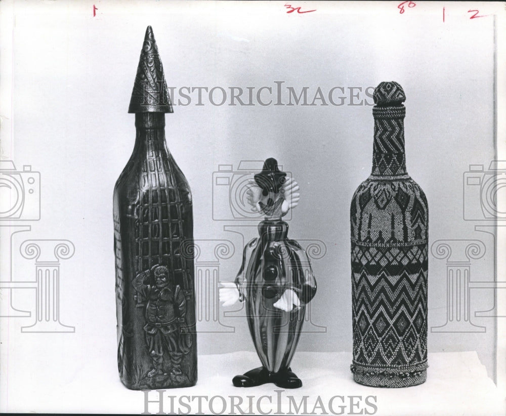1970 Press Photo Brown, Hand-Tooled, Leather Liquor Bottles From a Greek Island