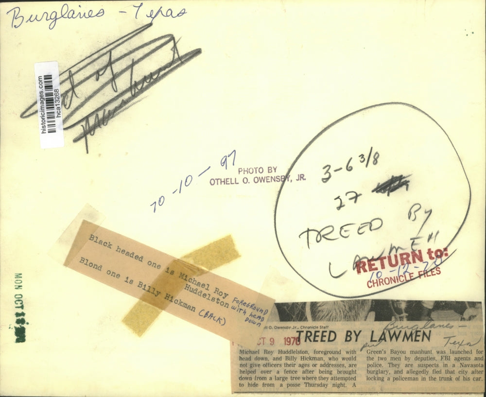 1970 Press Photo Texas Burglars Michael Roy Huddlelston & Billy Hickman Captured