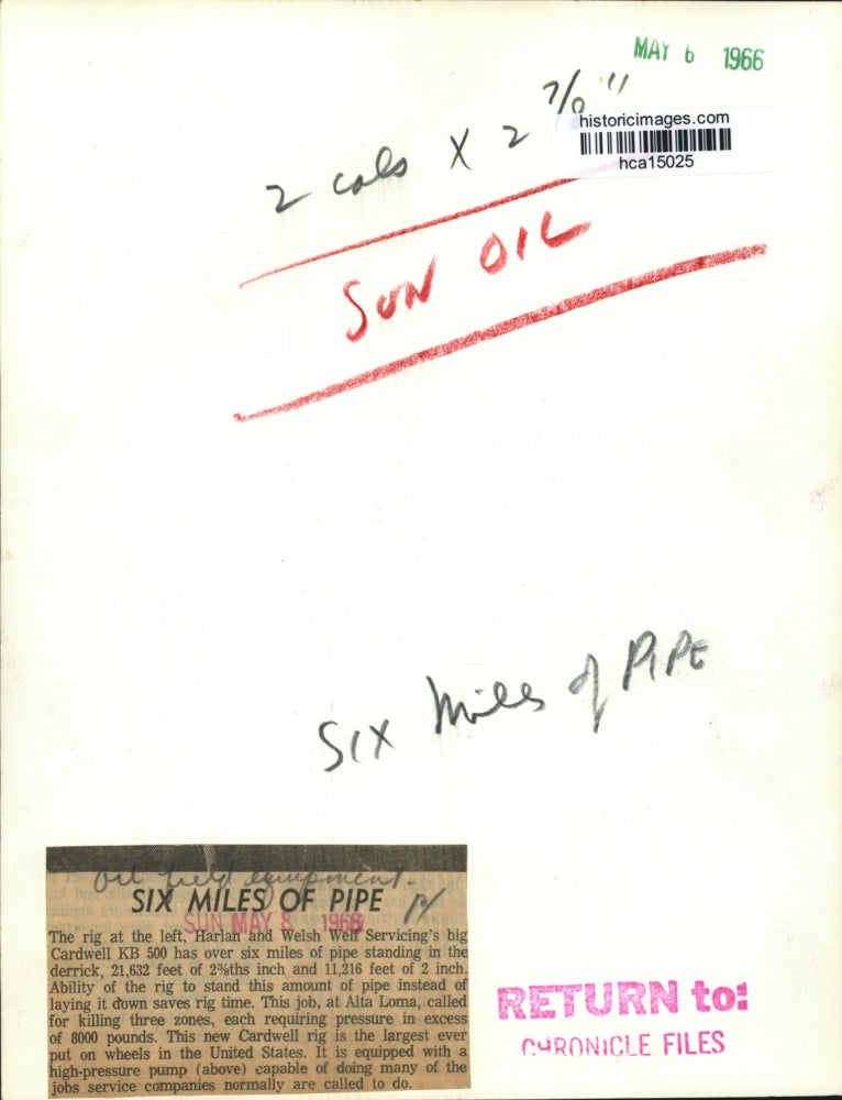 1966 Press Photo Harlan & Welsh Well Servicing's big Cardwell KB 500, Alto Loma