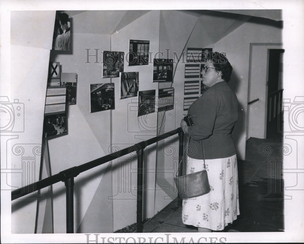 1958 Press Photo Brussels Fair Visitor views pictures at U.S. Pavilion