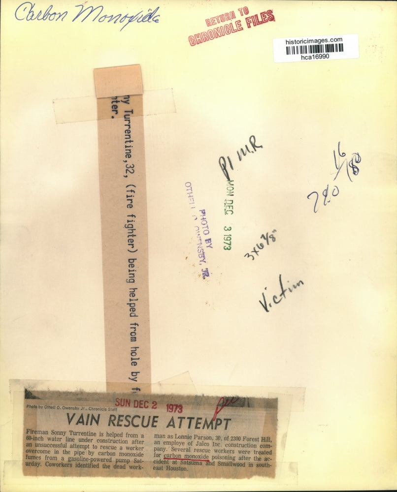 1973 Press Photo Fireman Sonny Turrentine poisoned by carbon monoxide