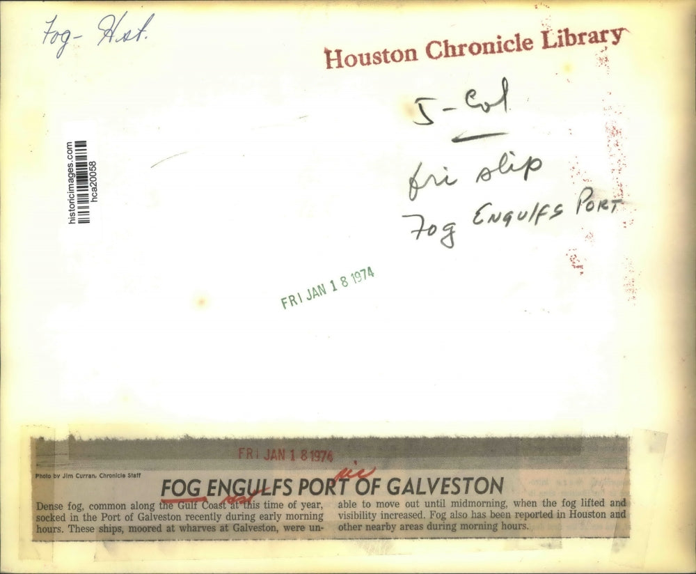 1974 Press Photo Dense Fog Along The Gulf Coast in Port of Galveston, Houston.