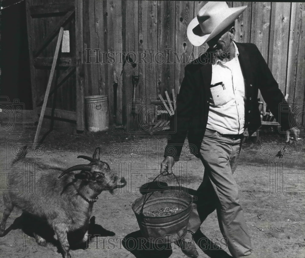 1967 Press Photo Bill Brown of Pasadena Stables escapes from Nanny the goat