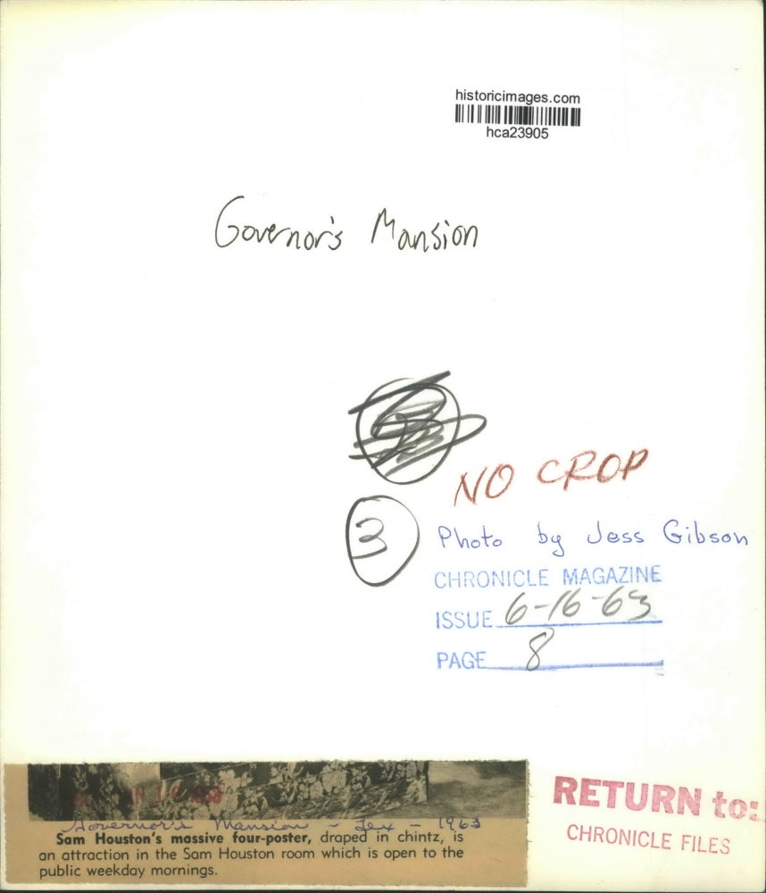 1963 Press Photo Sam Houston's four-poster bed, Governor's Mansion - Texas