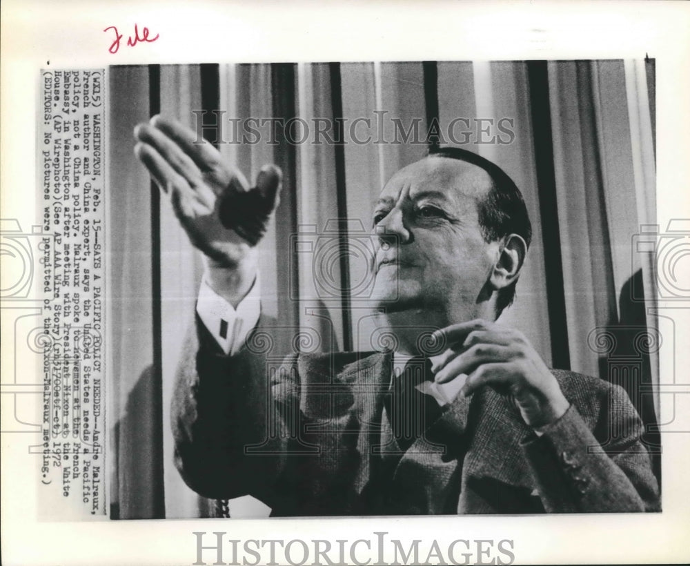 1972 Press Photo French Author Andre Malraux Says Pacific Policy Needed