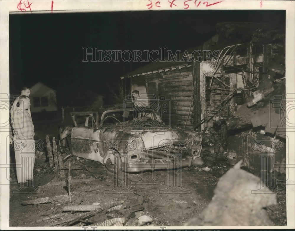 1956 Press Photo Fire damaged car and dwelling - Greensmith - hca24872