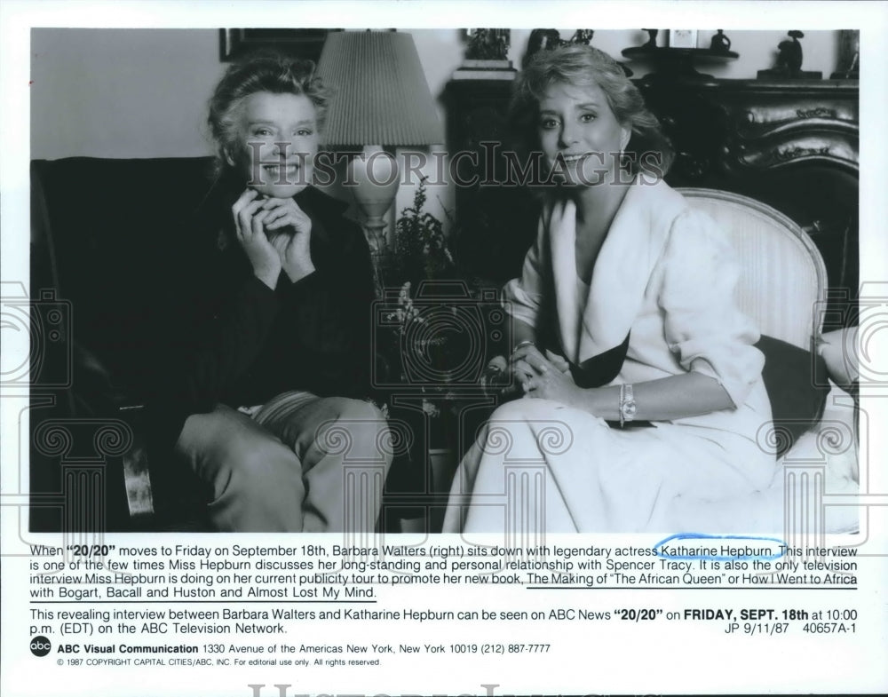 1987 Press Photo Katharine Hepburn and Barbara Walters on 20/20 television show- Historic Images