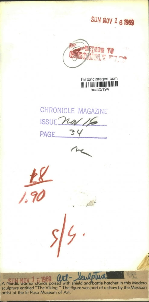 1969 Press Photo "The Viking" Sculpture by Mexican Artist Madero, El Paso