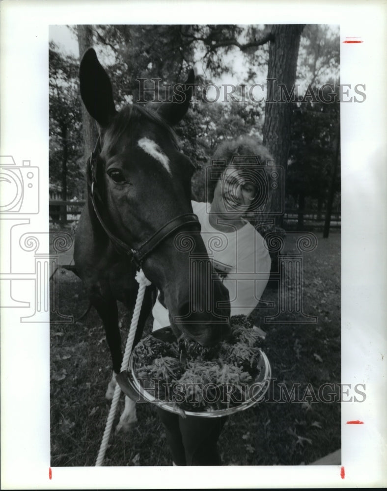 1990 Press Photo Marypaul Bom feeds pet thoroughbred oat bran cakes - Houston- Historic Images