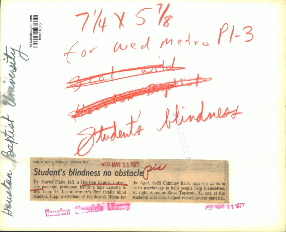 1977 Press Photo Houston Baptist University professor Muriel Flake with Bea Lipp