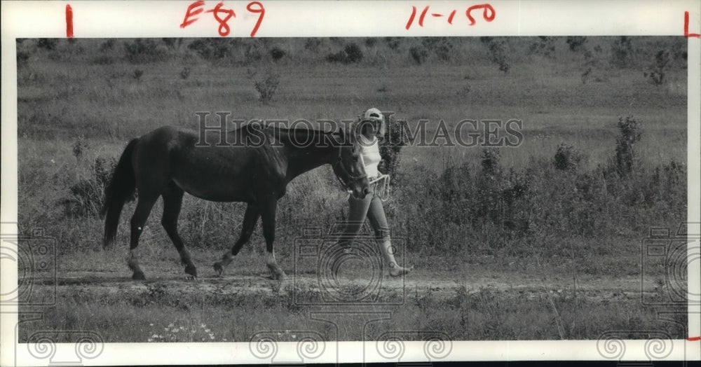 1980 Press Photo Ann Merchant walks horse in field in Harris County Texas- Historic Images