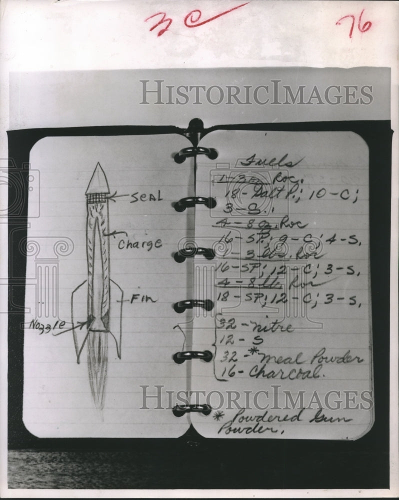 1951 Press Photo Notebook page showing rocket formulas at Lamar High in Houston