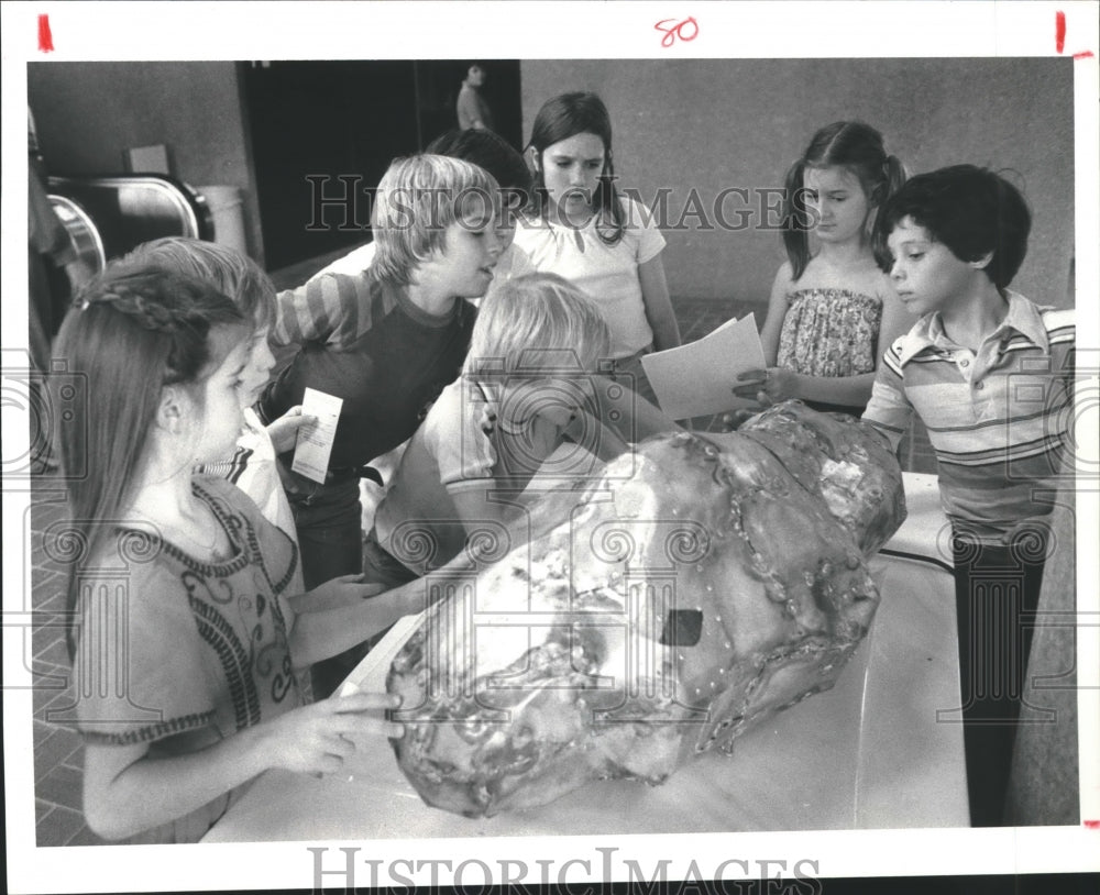 1980 Press Photo Palmer Montessori students study metal sculpture at library