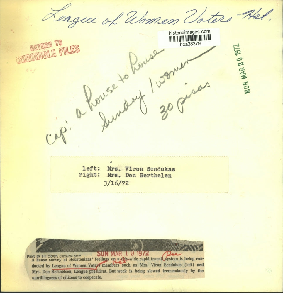 1972 Press Photo Houston League of Women Voters take survey about rapid transit