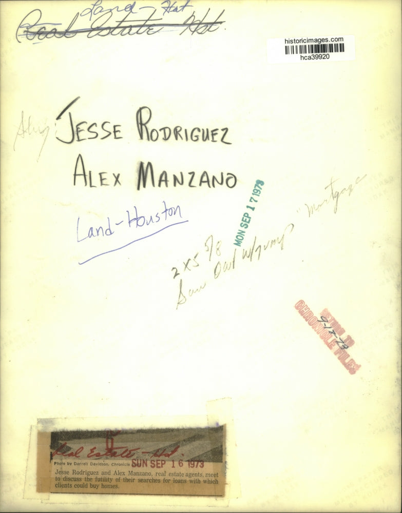 1973 Press Photo Real estate agents Jess Rodriguez and Alex Manzano in Houston