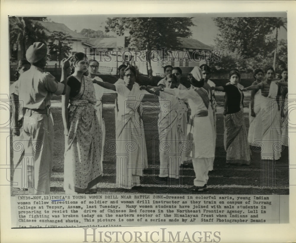 1962 Press Photo College students train with Indian soldier in Tezpur, Assam