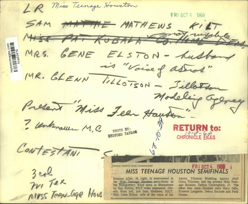 1968 Press Photo Suzanne Allen onstage at Miss Teenage Houston semi-finals