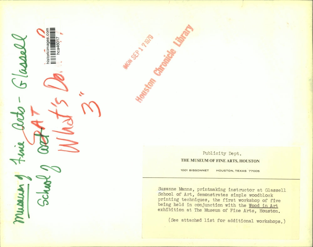 1979 Press Photo Suzanne Manns printmaking teacher at Glassell School of Art, TX