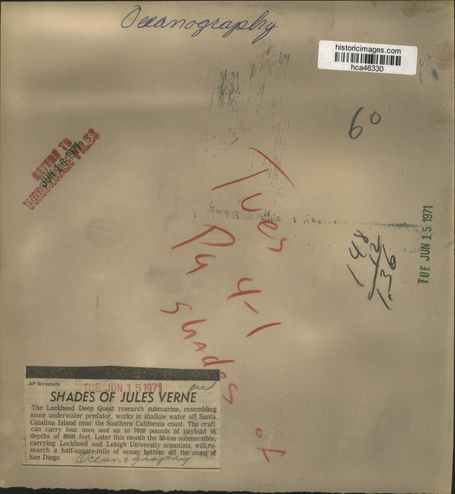 1971 Press Photo Lockheed Deep Quest research submarine underwater in California