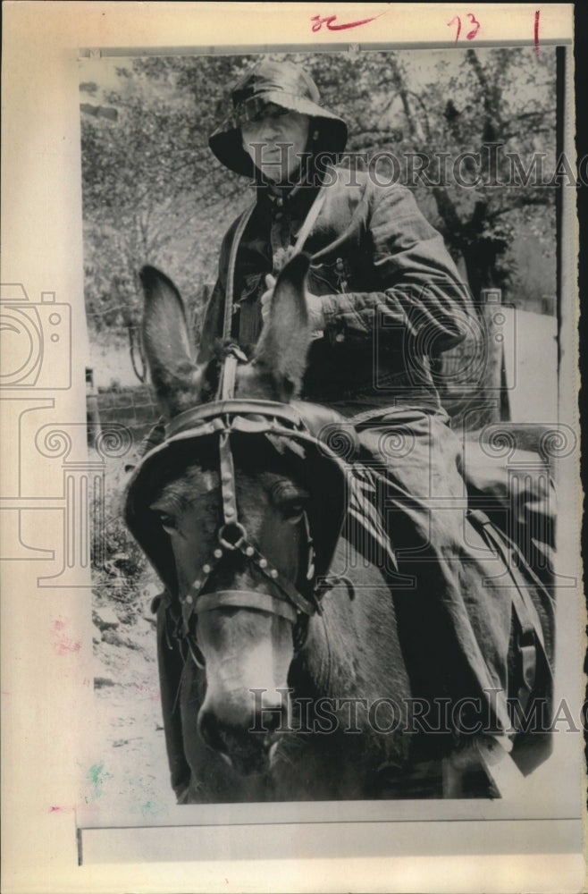 1970 Press Photo KY mail carrier Moses Walters rides his mule Patsy in the rain