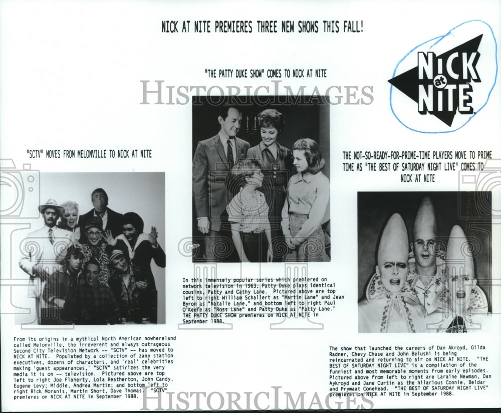 1988 Press Photo Nick at Nite show premiers: SCTV, Patty Duke, Best of SNL- Historic Images