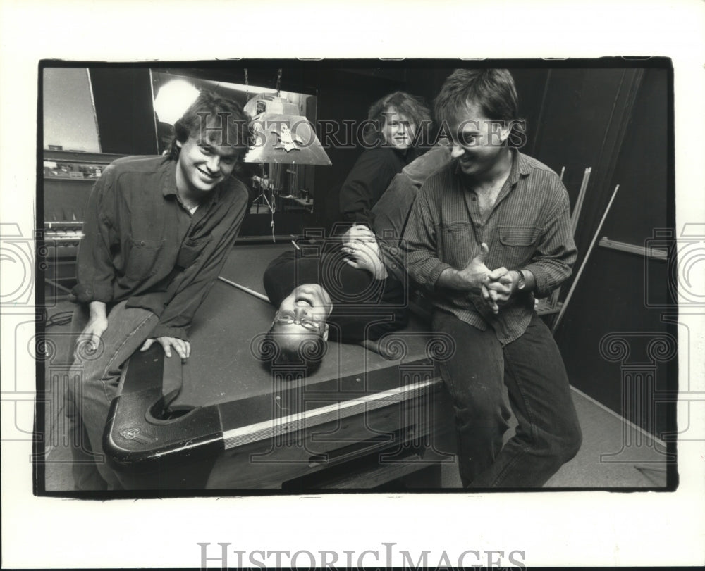 1992 Press Photo Mulberry Jane music group members on pool table - hca47410- Historic Images