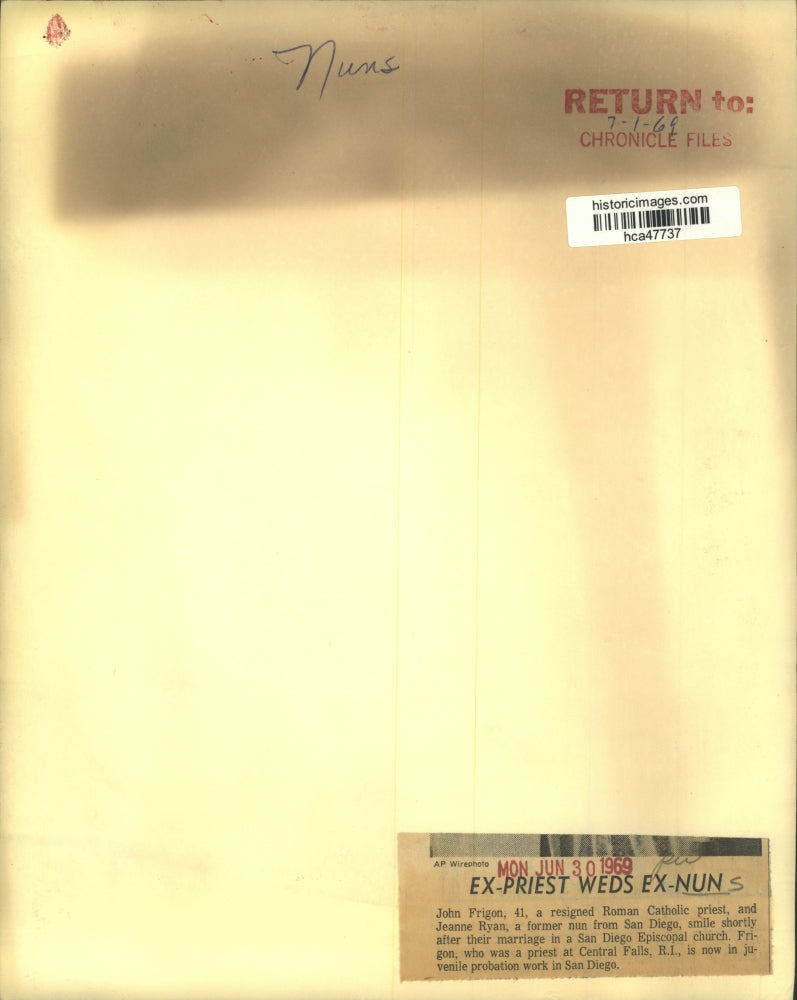 1969 Press Photo John Frigon, Ex-priest and Jeanne Ryan, ex-nun, marry in CA