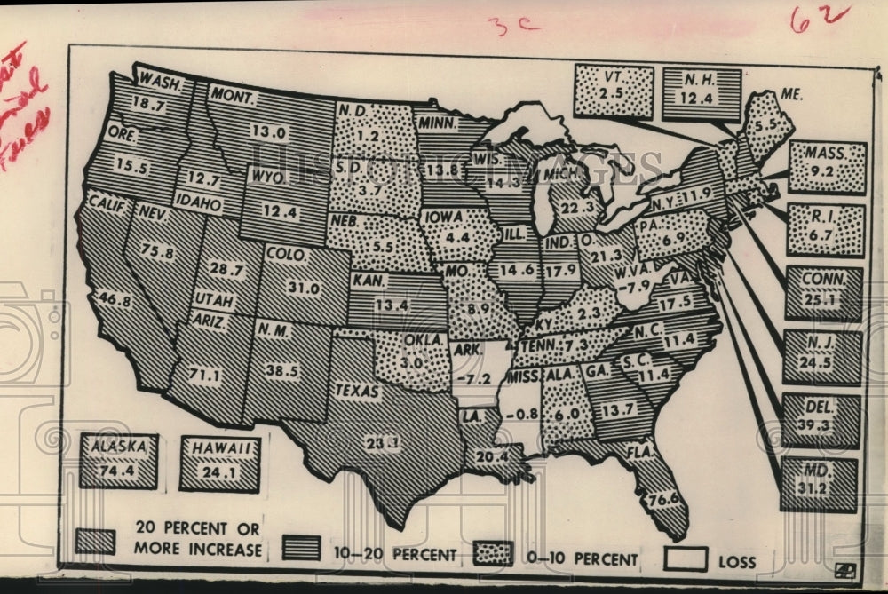 1960 Press Photo Map showing population distribution of the United States