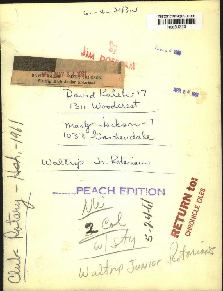 1961 Press Photo David Kaleh & Mary Jackson, Waltrip High Rotarians in Houston