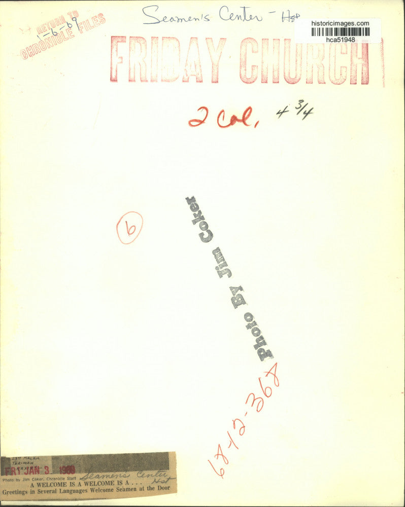 1969 Press Photo Greetings in multiple languages, Seamen's Center door, Houston