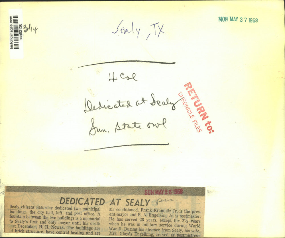 1968 Press Photo New City Hall and Post Office Dedicated in Sealy, Texas