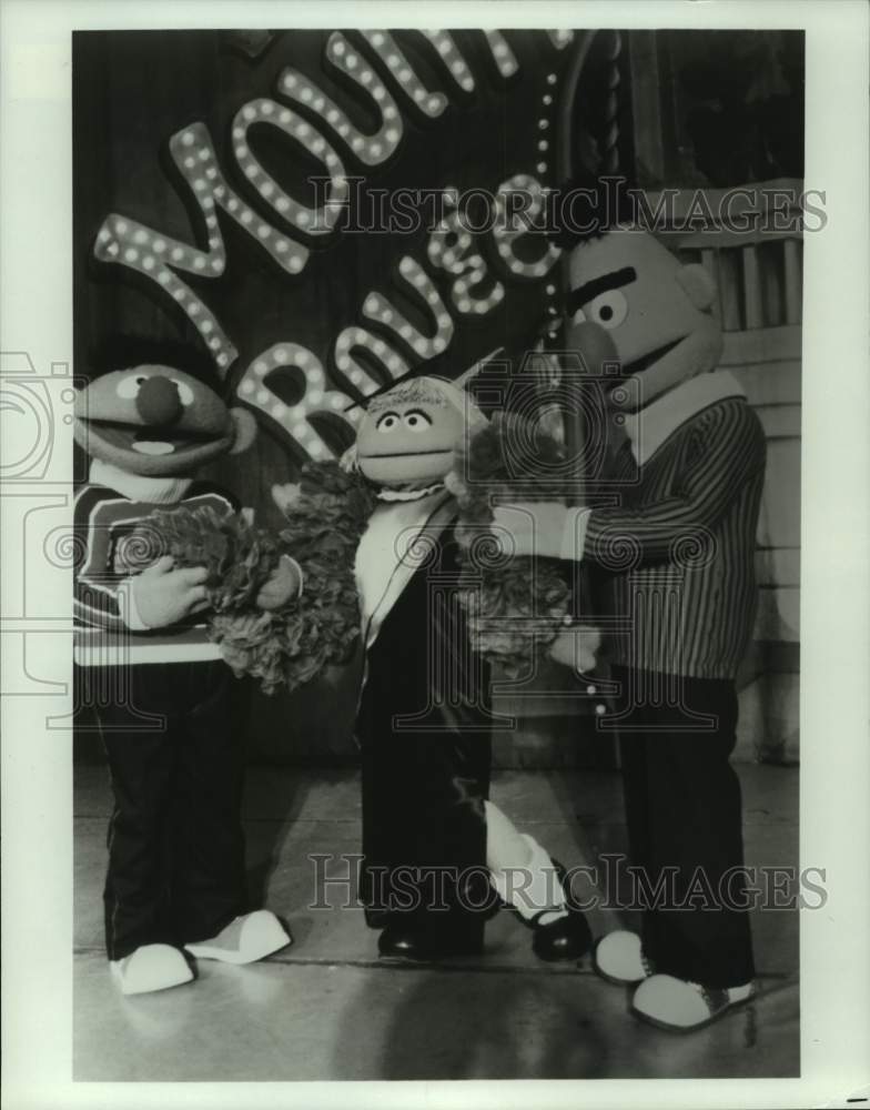 1984 Press Photo Madame Zsa Zsa O&#39;Brien, Bert and Ernie in &quot;Sesame Street Live&quot;- Historic Images