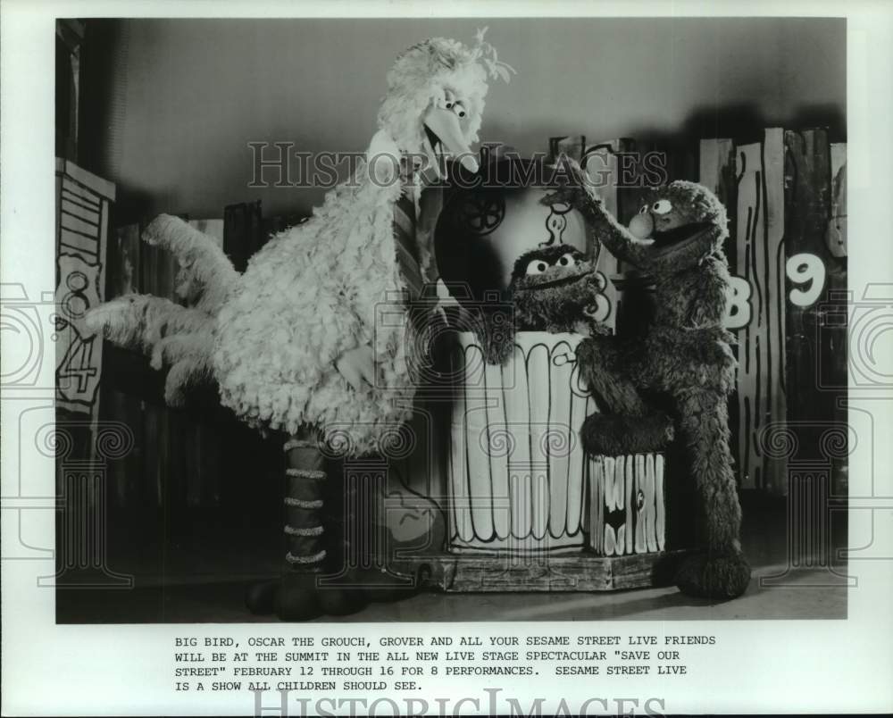 1986 Press Photo Sesame Street Live Characters In &quot;Save Our Street&quot; Show- Historic Images