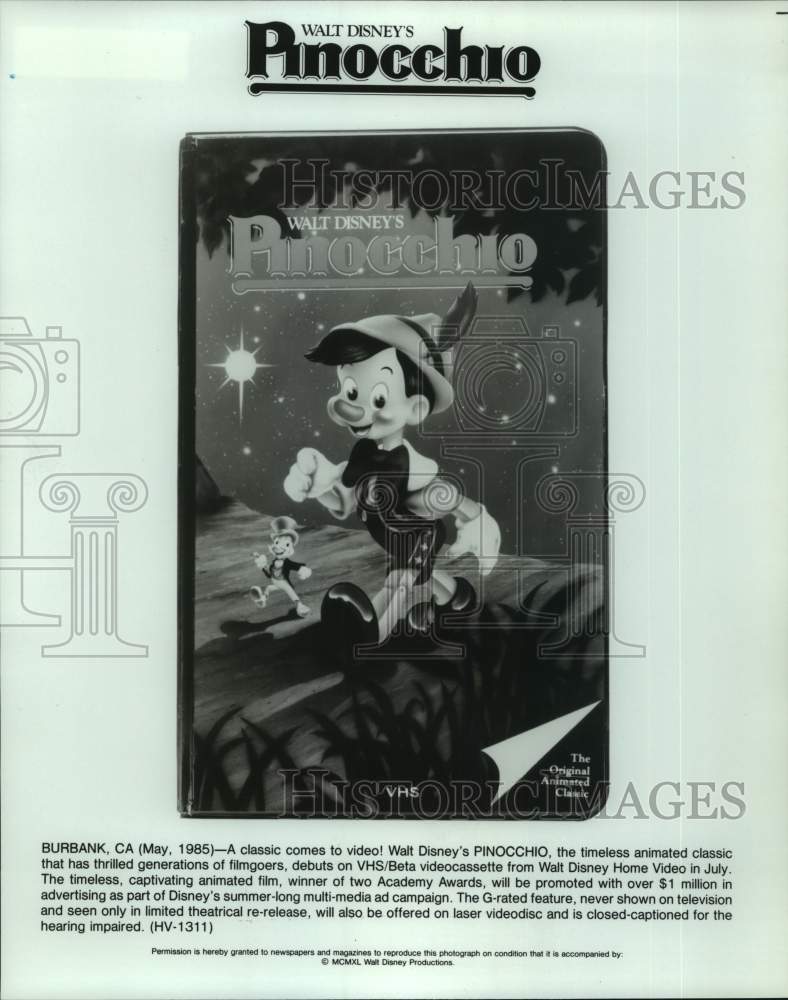 1985 Press Photo Walt Disney&#39;s &quot;Pinocchio&quot; now available on videocassette- Historic Images