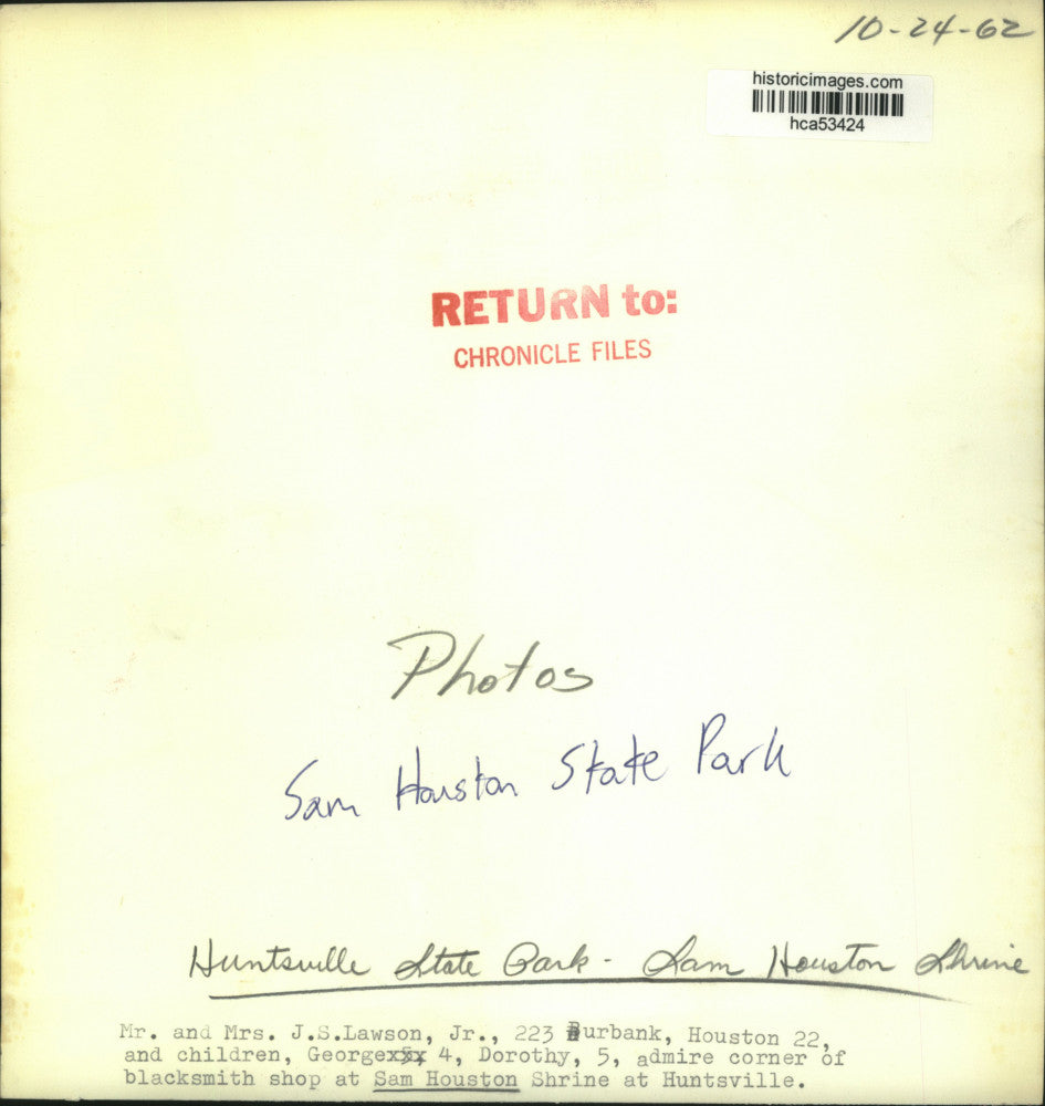 1962 Press Photo The Lawson family in blacksmith shop at Sam Houston State Park