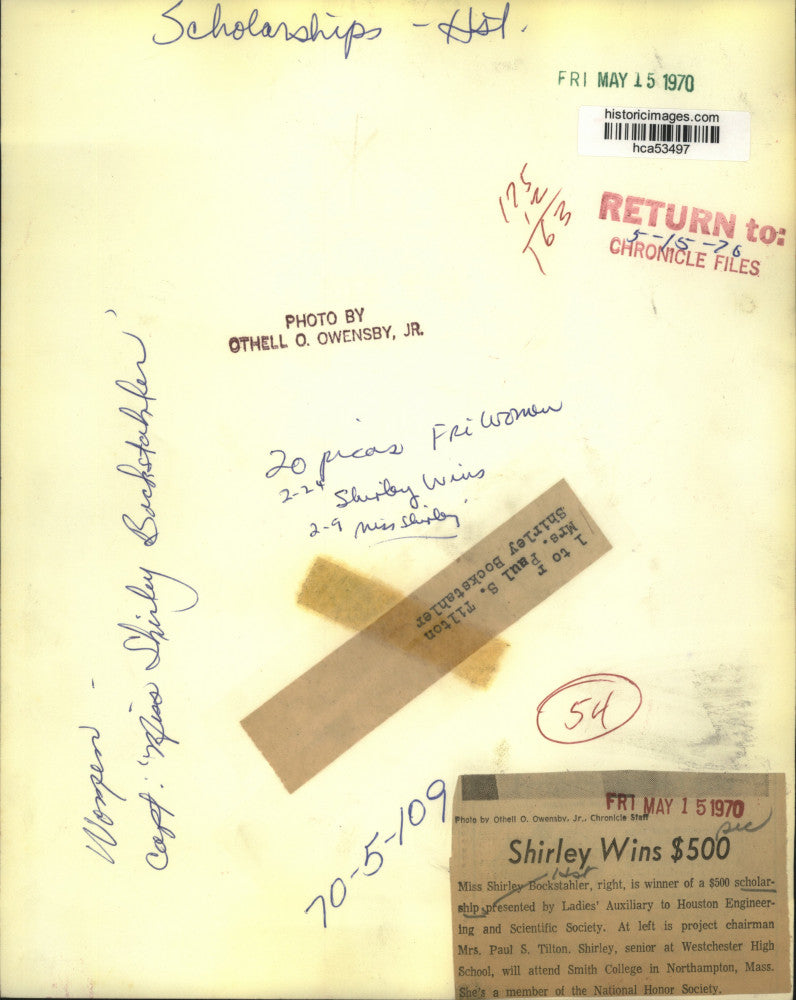 1970 Press Photo Miss Shirley Bockstahler of Houston wins a $500 scholarship