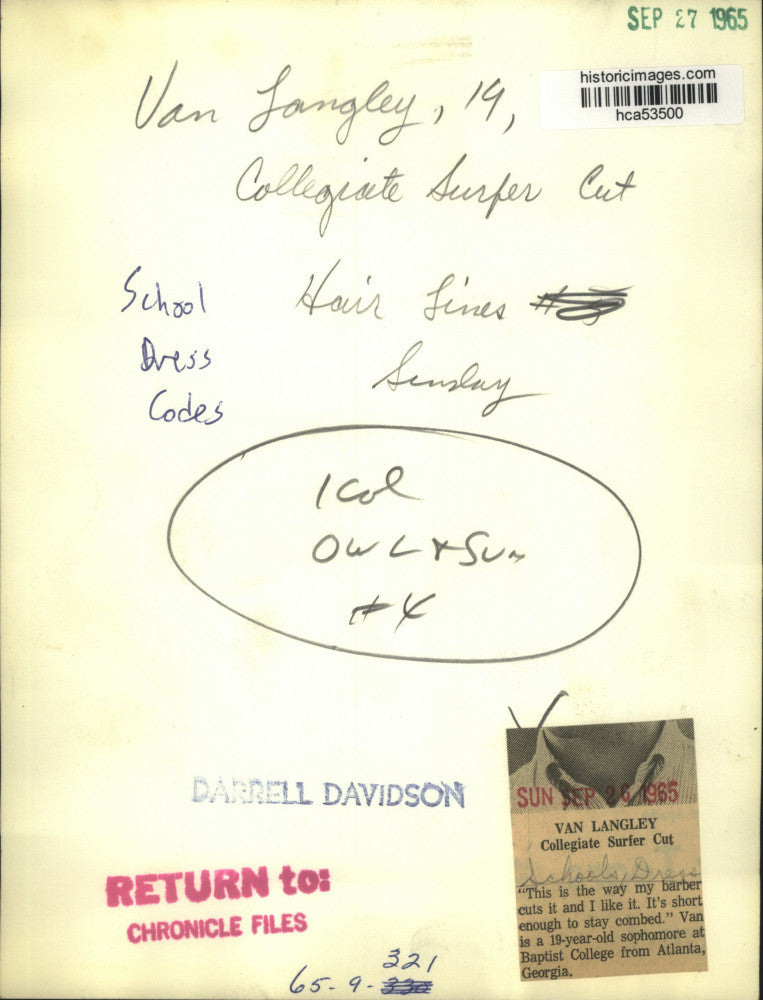 1965 Press Photo Baptist College student Van Langley prefers the surfer cut