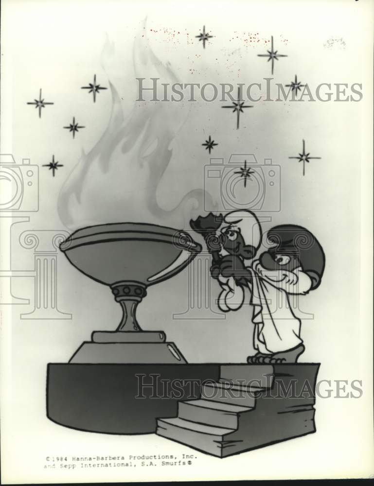 1984 Press Photo Cartoon Characters Papa and Baby Smurf In &quot;The Smurfic Games&quot;- Historic Images