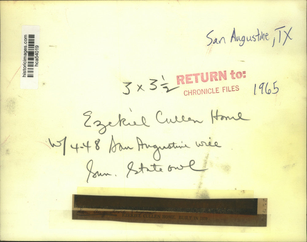 1965 Press Photo Ezekiel Cullen Home, Historic Landmark in San Augustine, Texas