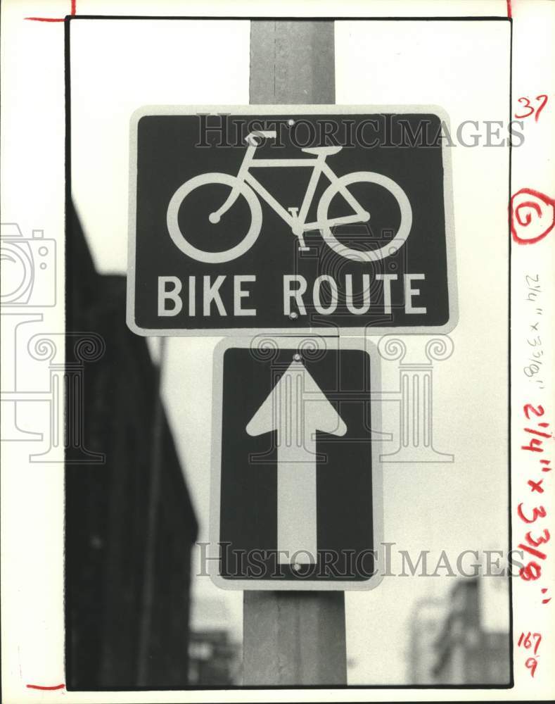 1981 Press Photo Traffic Sign Showing Bicycle Route in Houston, Texas- Historic Images