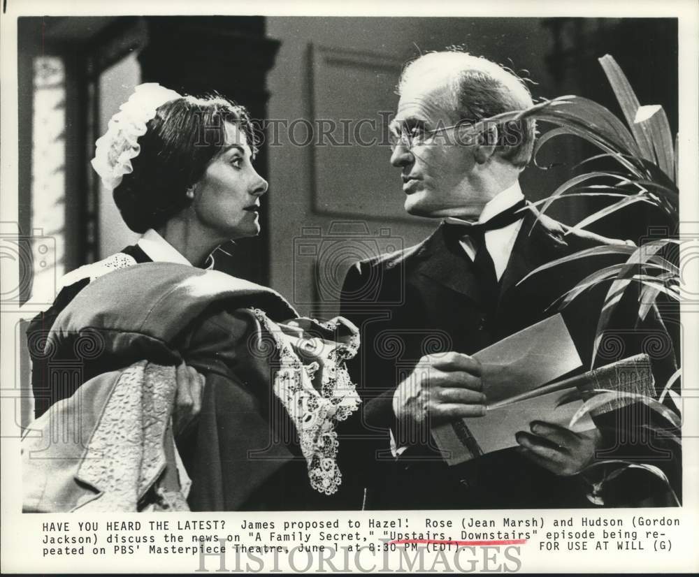 1986 Press Photo Rose and Hudson Gossip on &quot;Upstairs, Downstairs&quot; Episode- Historic Images