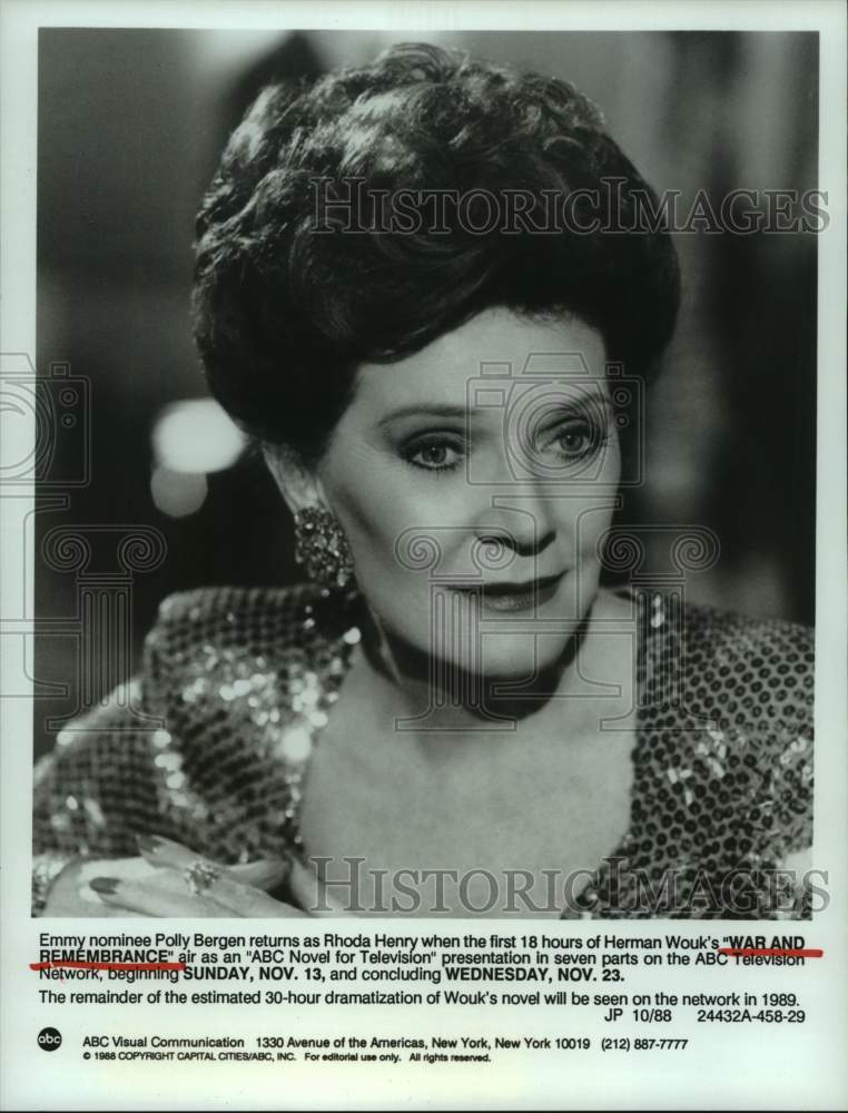 1988 Press Photo Actress Polly Bergen in &quot;War and Remembrance&quot; on ABC- Historic Images