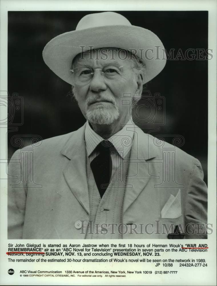 1988 Press Photo Actor Sir John Gielgud in Herman Wouk&#39;s &quot;War and Remembrance&quot;- Historic Images