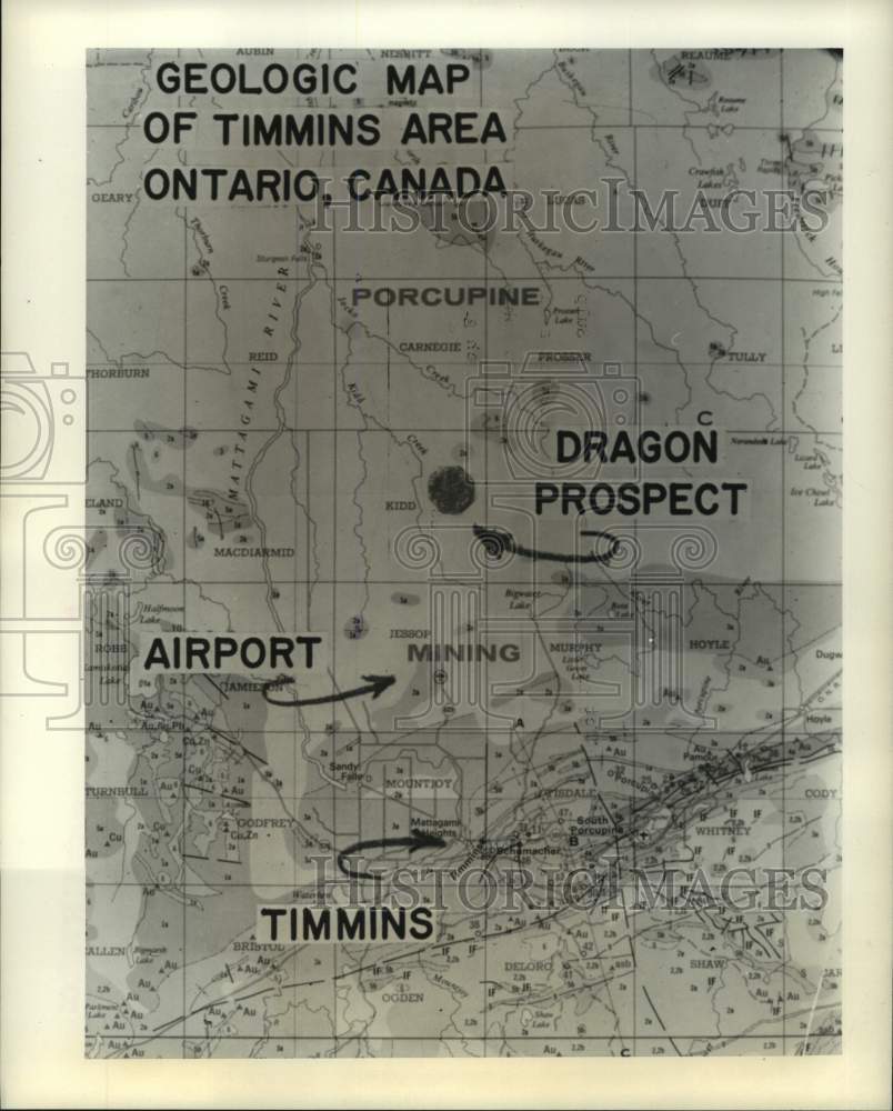 1964 Press Photo Map Shows Dragon Prospect Exploration Project in Canada- Historic Images