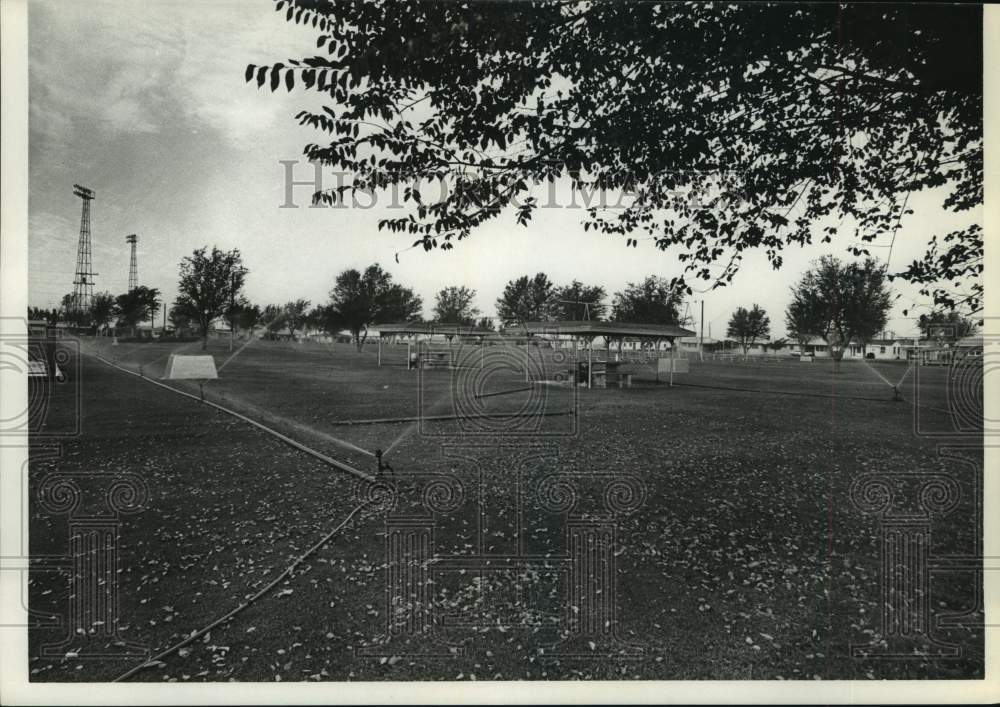 1967 Press Photo Well water irrigates grass at park in Wink, Texas - hca60338- Historic Images