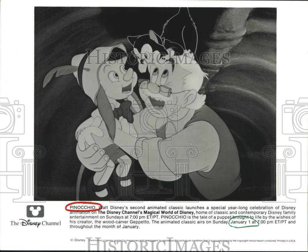 1995 Press Photo Walt Disney&#39;s animated Pinocchio and Geppeto on Disney Channel- Historic Images